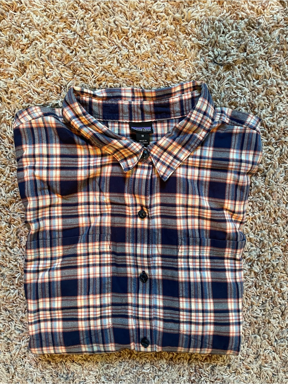 Patagonia Navy Peach Plaid Button-Up Shirt Women Size M Fall Granola Girl Woods